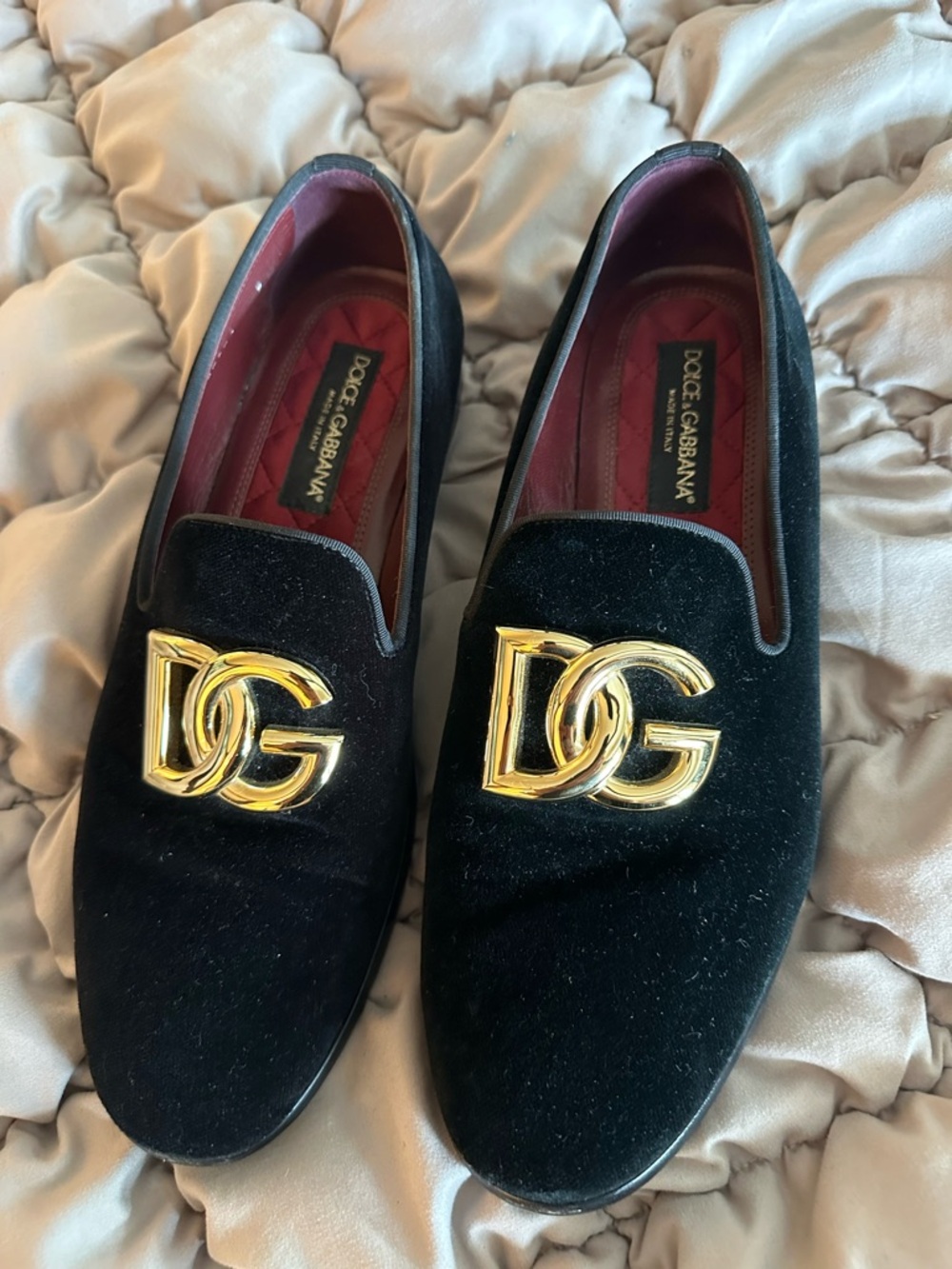 Dolce & Gabbana Black Velvet Loafers with Gold DG Logo